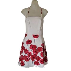 ALYN PAIGE White Summer Sleeveless Dress Big Red Poppy Flowers on Skirt Small
